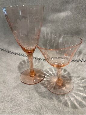 Etched floral pink depression wine glass & martini glass